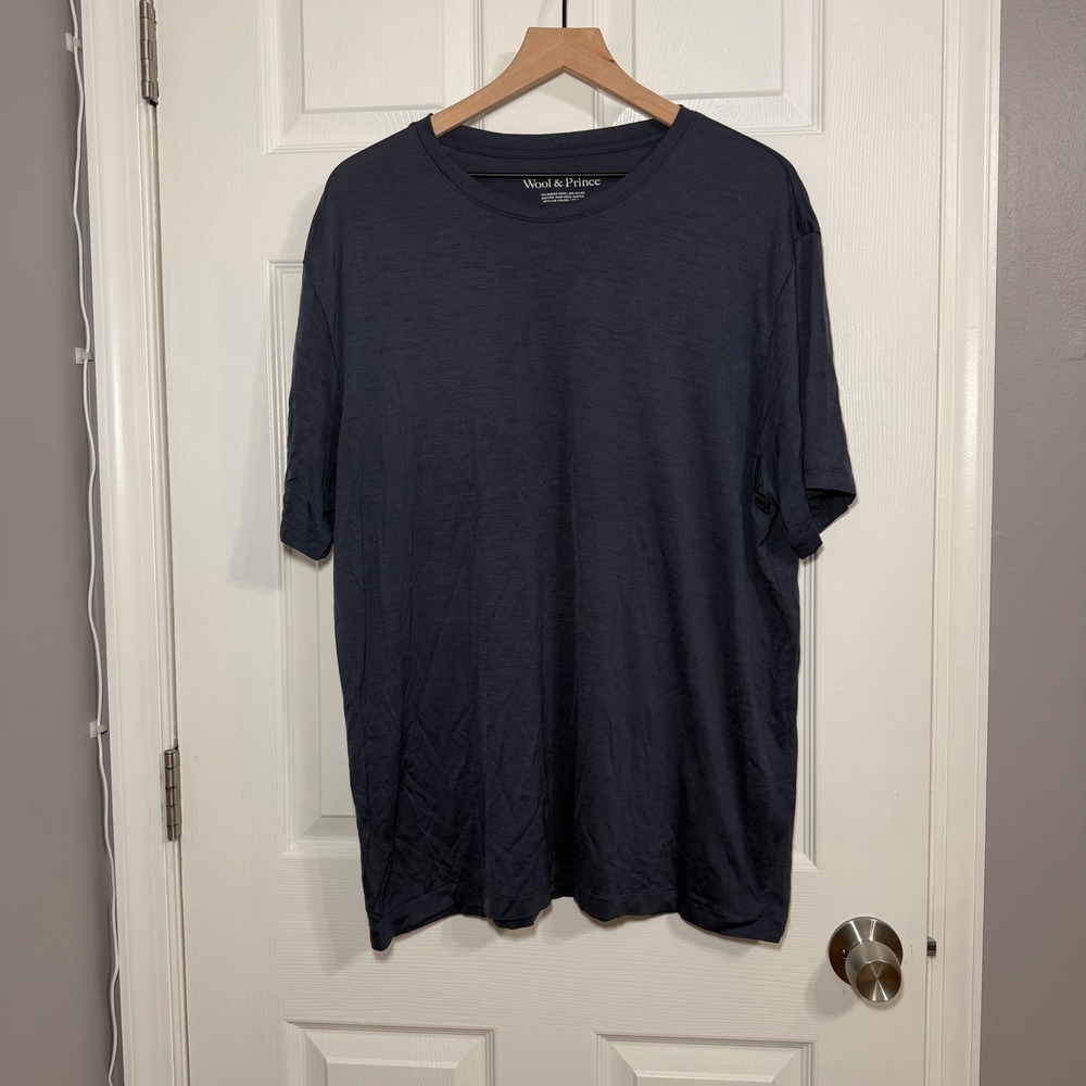 Wool & Prince Merino Wool Blend Crewneck T-Shirt Navy Blue XXL Mens